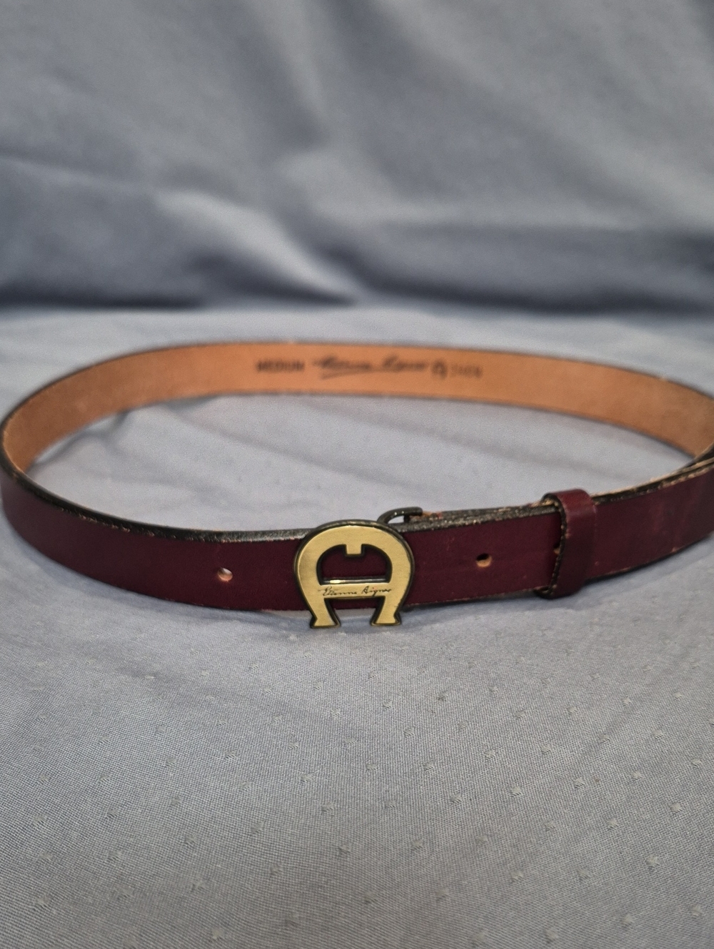 Etienne Aigner Oxblood Leather Belt Brass Trophy Buckle Womens M Deisgner Preppy